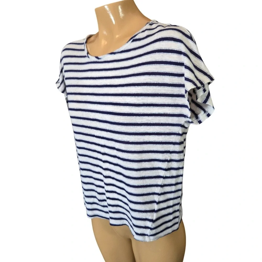 Christian‎ Siriano Womens Top White Blue Silver Medium Linen Coastal Nautical